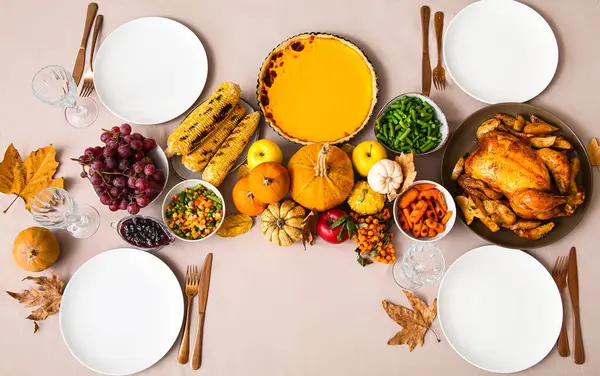Festive Table Setting Tasty Food Thanksgiving Day Top View — Stock Photo, Image