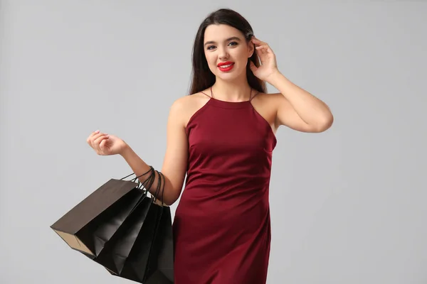 Beautiful Woman Shopping Bags Grey Background Black Friday Sale — Stock Photo, Image