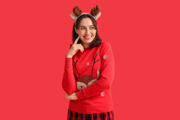 Beautiful Young Woman Pajamas Christmas Deer Horns Red Background — Stock Photo, Image