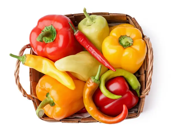 Chili Bell Peppers Basket White Background Stock Picture