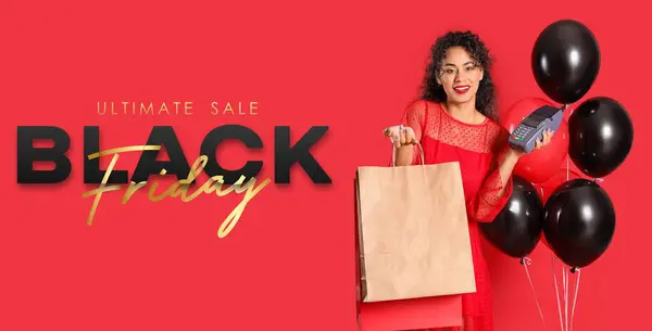 Beautiful young woman with shopping bags, payment terminal and balloons on red background. Banner for Black Friday sale