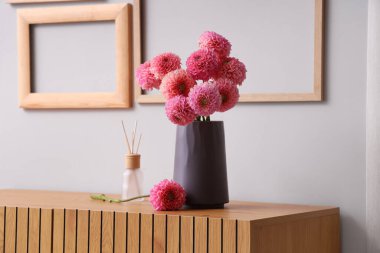 Oturma odasındaki klozette yayıcı olan güzel pembe yıldız çiçekleri vazosu.