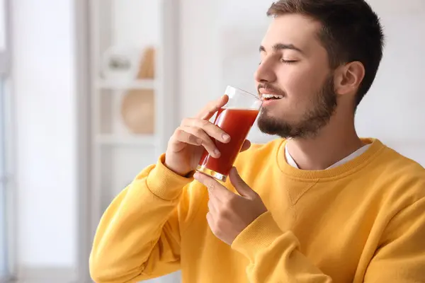 Young Man Drinking Tomato Juice Home Closeup — Stock Photo, Image