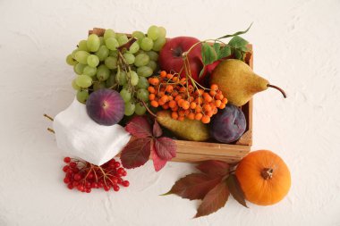 Beyaz arka planda farklı taze meyve, balkabağı ve böğürtlen içeren ahşap kutu.