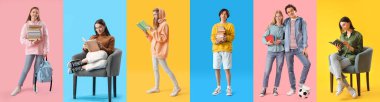 Set of many people with books on color background