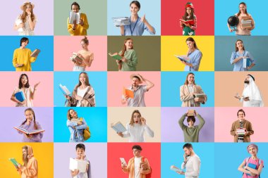 Renk arkaplanı üzerine kitap okuyan birçok farklı insanla kolaj