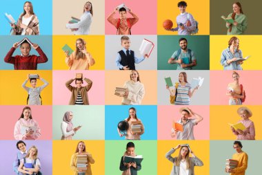 Renk arkaplanı üzerine kitap okuyan birçok insanla kolaj