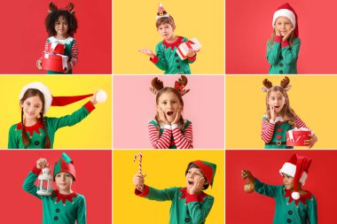 Renkli arka planda elf kostümlü bir grup küçük çocuk. Noel kutlaması