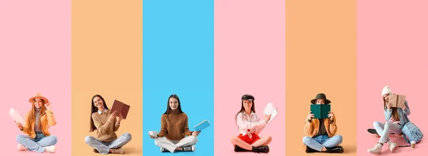 Set of many women with books on color background