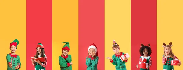 Collage Von Kleinen Kindern Elfenkostümen Auf Gelbem Und Rotem Hintergrund — Stockfoto