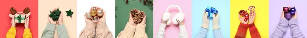 Collage Manos Con Regalos Navidad Decoraciones Calentadores Oídos Fondo Color —  Fotos de Stock