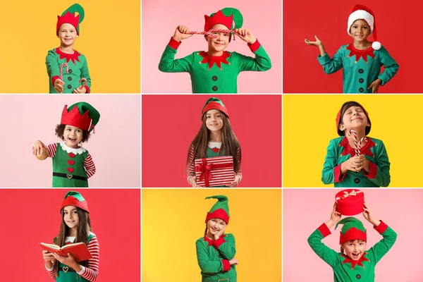 Collage Små Barn Nisse Kostymer Färg Bakgrund Julfirande — Stockfoto