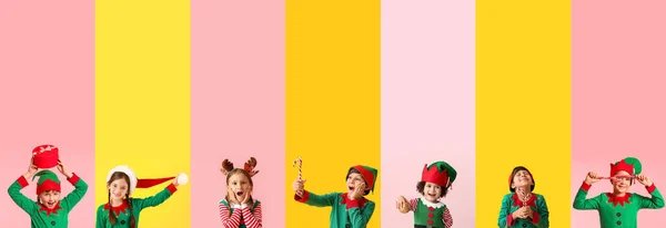 Collage Von Kleinen Kindern Elfenkostümen Auf Rosa Und Gelben Hintergrund — Stockfoto