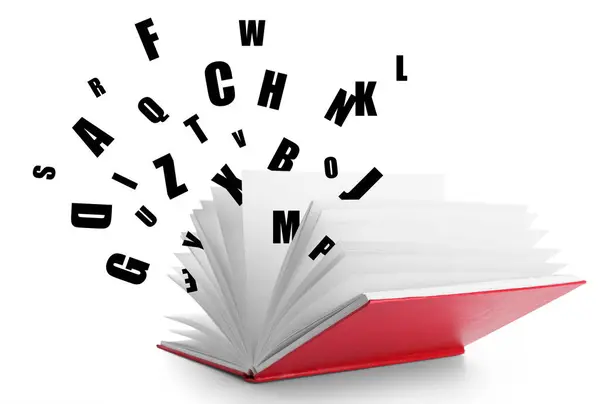 Offenes Buch Und Viele Englische Buchstaben Auf Weißem Hintergrund — Stockfoto