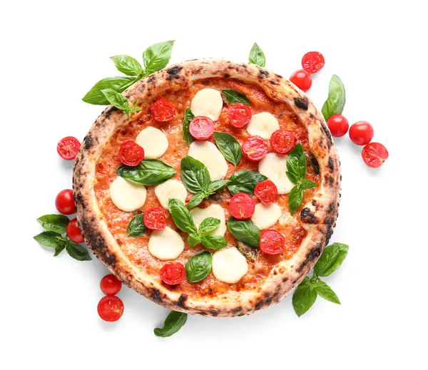 Tasty Pizza Margarita Fresh Tomatoes Basil White Background — Stock Photo, Image