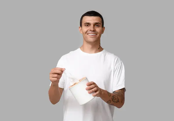 Ill Young Man Tissues Grey Background — Stock Photo, Image
