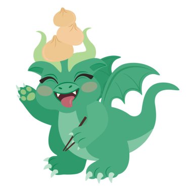 Çin yemek çubukları ve beyaz arka planda baozi olan şirin bir ejderha.