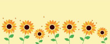 Sarı arka planda bir sürü ayçiçeği ve arı