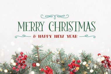 Noel ve yeni yıl için kozalaklı dallar ve böğürtlenlerle dolu tebrik kartı.