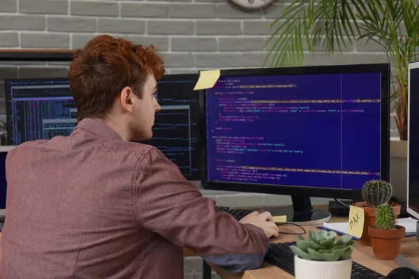 Male programmer working with computer at table in office, back view