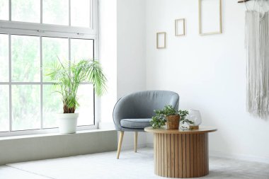 Işıl ışıl oturma odasının içi, rahat gri koltuğu ve ahşap sehpanın üzerindeki bitki örtüsü.