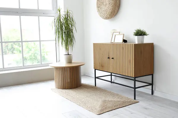 Wooden cabinet and coffee table with houseplant near white wall in living room