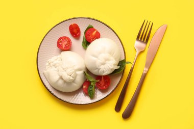 Sarı arka planda lezzetli Burrata peyniri tabağı.