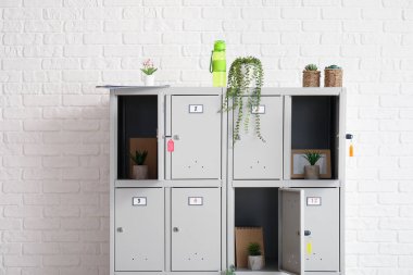 Beyaz tuğla duvarın yanında bitkileri olan modern dolap.