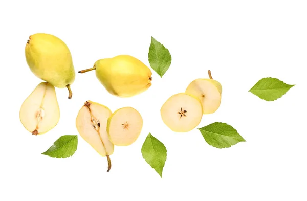 Flying Fresh Pears Leaves White Background Royalty Free Stock Images