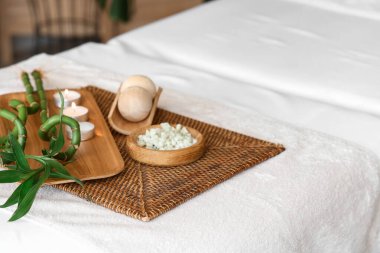 Salondaki kanepede bambu saplı spa kompozisyonu, yakın plan.