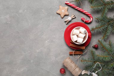 Bir fincan lezzetli Noel kakaosu, şekerleme kamışı, köknar dalları, tarçın, toplar, kurabiye ve gri arka planda ip.