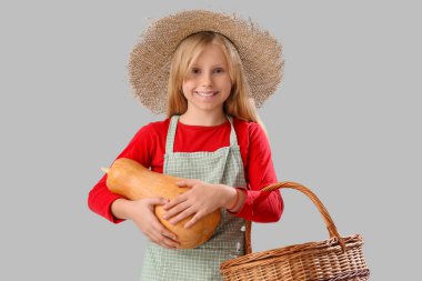 Küçük çiftçi balkabağı ve sepeti açık arkaplanda