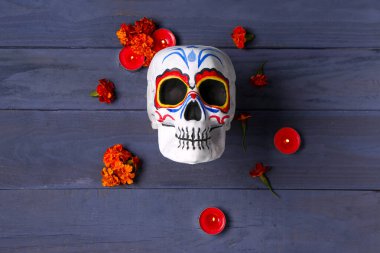 Kadife çiçekli boyalı kafatası ve mavi ahşap arka planda mumlar. Meksika Ölüler Günü 'nün Kutlaması (El Dia de Muertos)