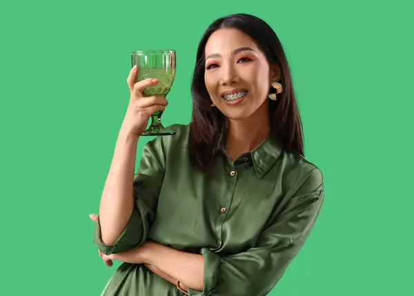 Stylish Young Asian Woman Glass Green Background — Stock Photo, Image