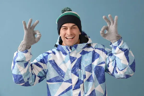 Handsome Man Winter Clothes Showing Blue Background — Stock Photo, Image