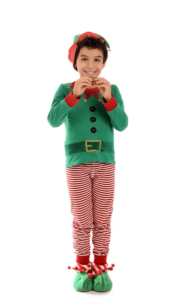 Söt Liten Pojke Nisse Kostym Med Välsmakande Cookie Isolerad Vit — Stockfoto