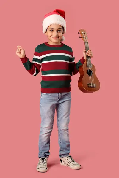 Cute Little Boy Santa Hat Guitar Pink Background — Stock Photo, Image