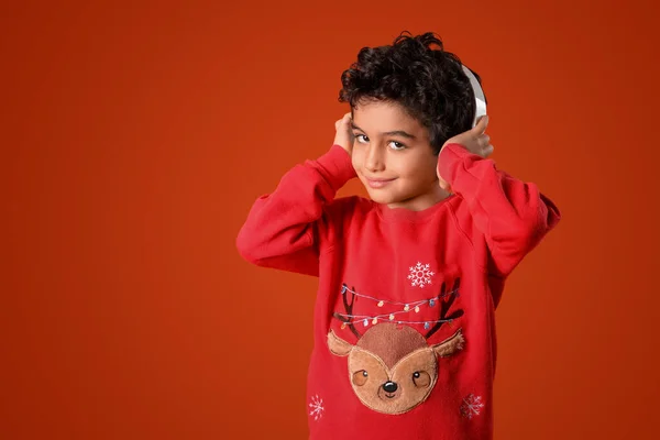 Cute Little Boy Headphones Orange Background — Stock Photo, Image