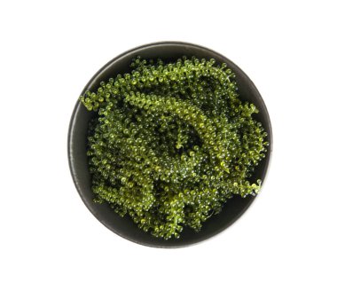 Beyaz arka planda bir kase sağlıklı yosun.