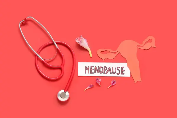 stock image Word MENOPAUSE with paper uterus, floral petals and stethoscope on red background