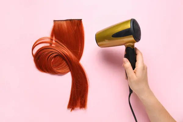 Female hand with dryer and ginger hair strand on pink background