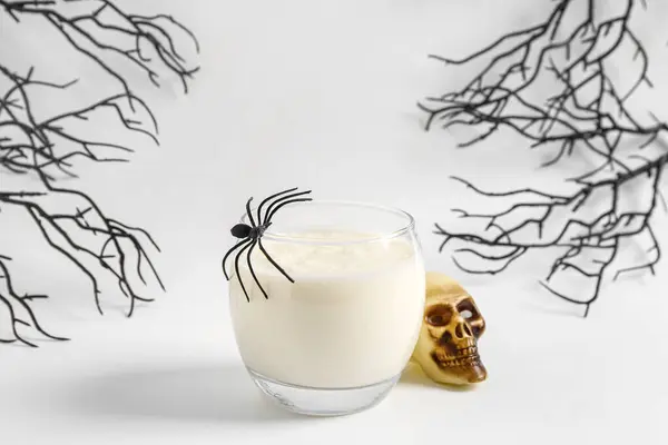 Glass Delicious Cocktail Branches Skull Spider Halloween Celebration White Background — Stock Photo, Image