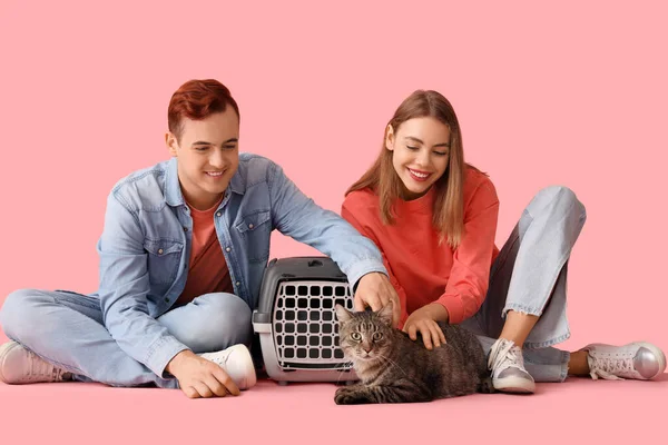 Junges Paar Mit Niedlicher Katze Und Träger Auf Rosa Hintergrund — Stockfoto