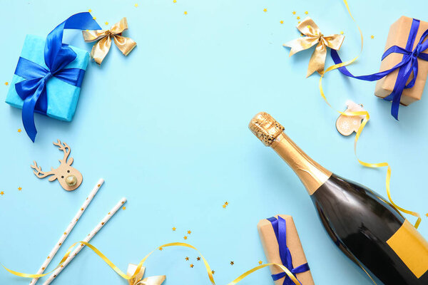 Frame Made Champagne Christmas Decorations Gift Boxes Blue Background — Stock Photo, Image