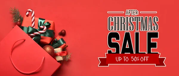 Banner for Christmas sale with bag full of gifts on red background