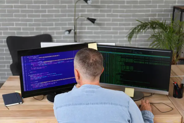 Mature male programmer working in office, back view
