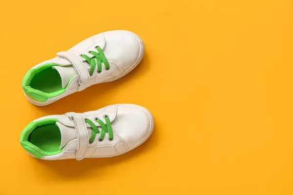Pair Stylish Child Sneakers Color Background — Stock Photo, Image