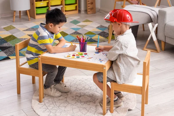Cute Little Boys Drawing Home — Stock Photo, Image