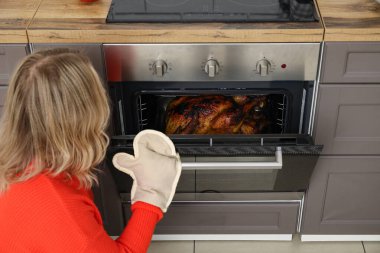 Kadın mutfakta lezzetli hindi pişiriyor. Şükran Günü kutlaması