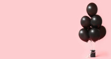 Balonlar ve pembe arka planda alışveriş torbaları. Mesaj için yer var. Kara Cuma indirimi